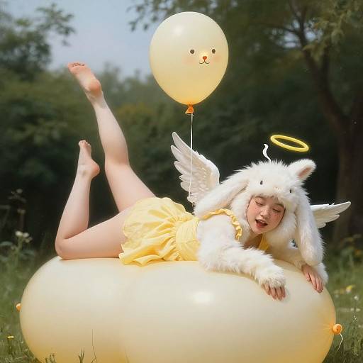 Photograph of a young woman in a white angel costume with wings, halo, and yellow dress, lying on a glowing balloon, holding a yellow balloon