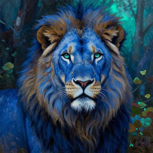 Digital painting of a majestic blue lion with piercing green eyes, detailed fur, and a dark forest background with colorful foliage.
