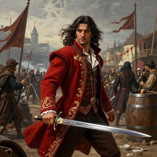 Digital painting of a fierce, long-haired man in a red, gold-trimmed coat, holding a sword, leading a chaotic medieval battle scene with