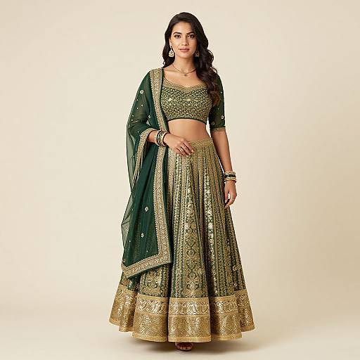 Woman in Traditional Green and Gold Dress