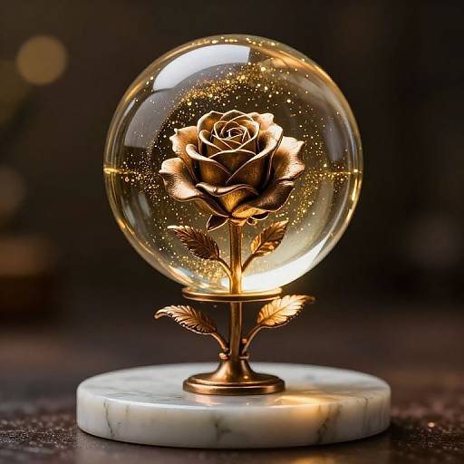Photograph of a glowing, gold-accented glass snow globe with a detailed rose and leaves, illuminated by internal sparkles, standing on a marble