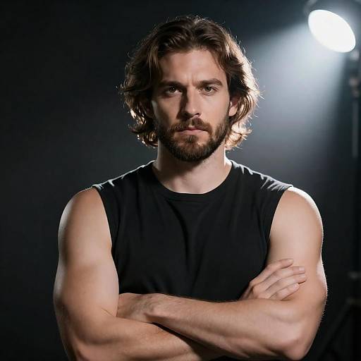 Muscular man with arms crossed under spotlight