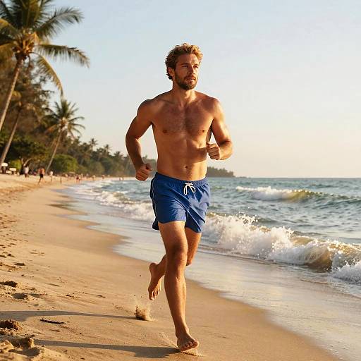 Fit Man Running Barefoot on Beach