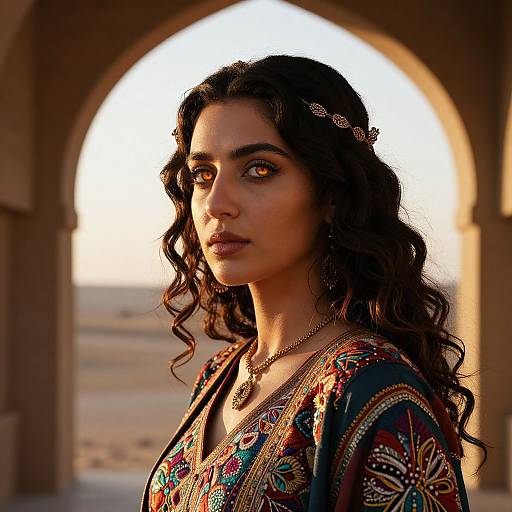 Photograph of a dark-haired woman with curly locks, wearing an ornate, colorful traditional dress, standing in front of a sunlit archway.