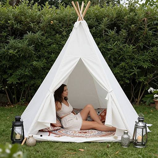 Bohemian Woman Relaxing in Garden Teepee