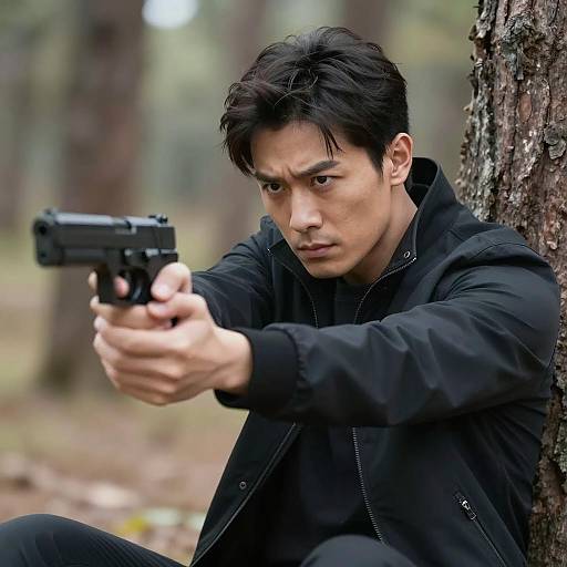 Man aiming handgun in forest