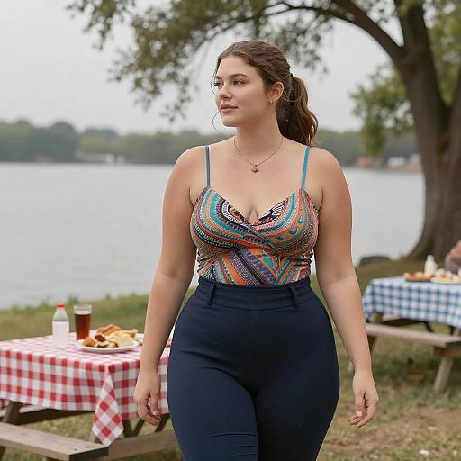 Photograph of a curvy woman with brown hair, wearing a colorful, low-cut, patterned top and black high-waisted pants, walking