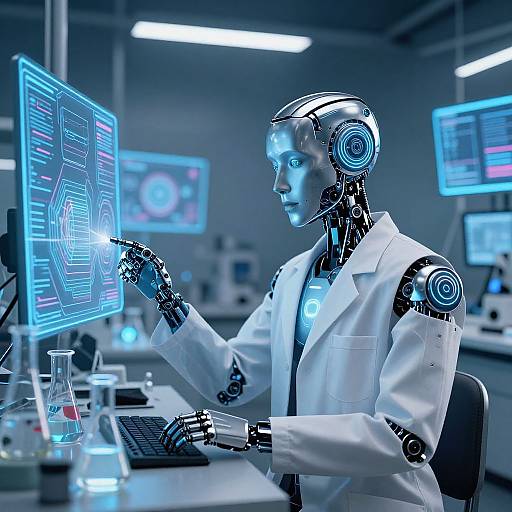 Photograph of a futuristic female robot scientist in a white lab coat, interacting with blue-lit computer screens in a high-tech lab.