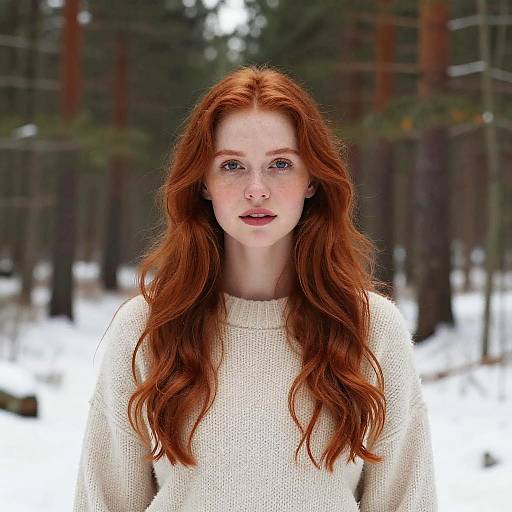 Photograph of a fair-skinned, red-haired woman with long, wavy hair, wearing a white knit sweater, standing in a snowy forest.
