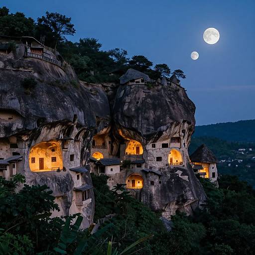 Photograph of illuminated, cliffside cave dwellings at dusk, with a full moon and smaller moon in a deep blue sky.