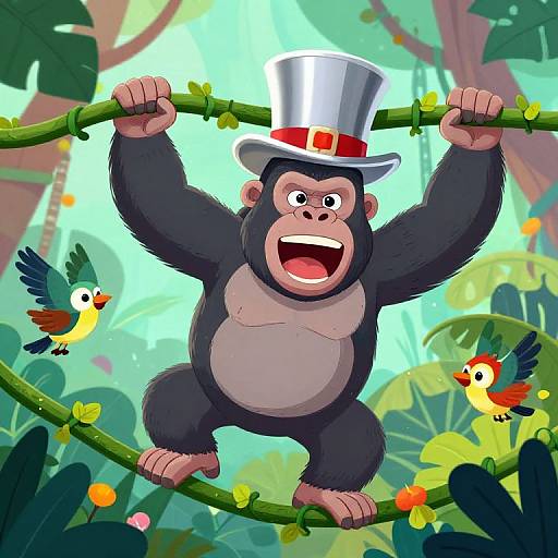 Cartoon gorilla wearing a silver top hat and red bowtie, joyfully swinging on a vine in a vibrant jungle with colorful birds.