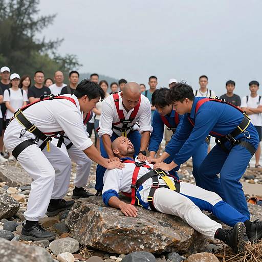 Dramatic Beach Rescue Scene with Crowd