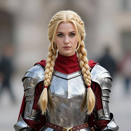 Photorealistic digital portrait of a blonde woman with braided hair, wearing shiny silver armor and a red cloak, standing in a blurred, urban background