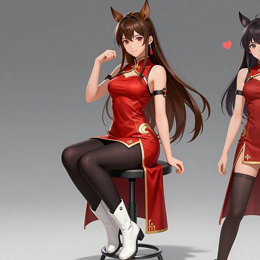 Digital anime-style illustration of two female characters with fox ears, wearing red cheongsam dresses, black thigh-high stockings, and white boots, against a