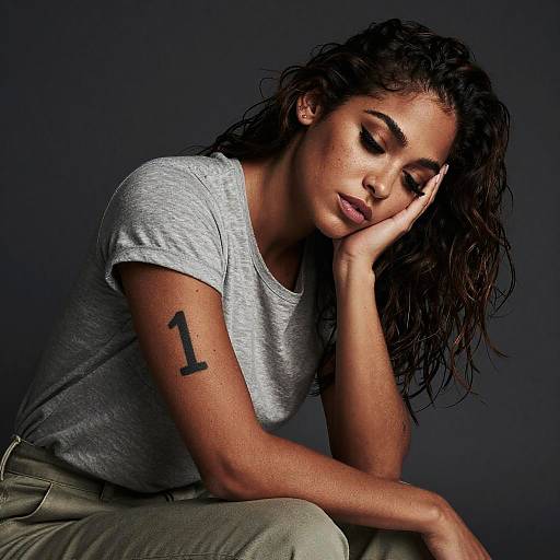 Photograph of a woman with curly dark hair, wearing a gray shirt and beige pants, resting her head on her hand, showing a black tattoo of
