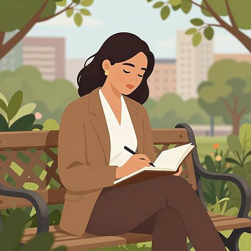 Digital illustration of a woman with black hair, brown blazer, white shirt, and black pants, writing in a notebook on a wooden bench in a