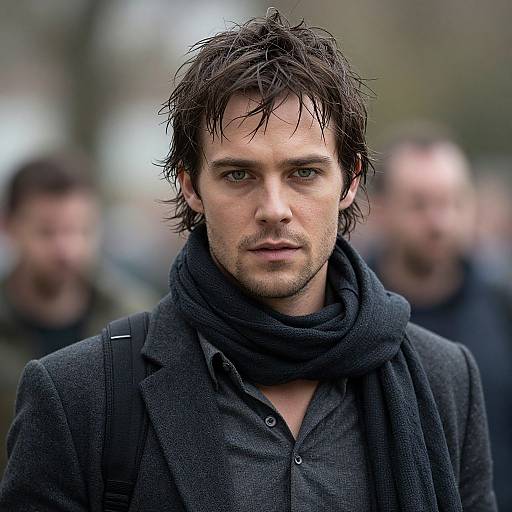 Photograph of a serious-looking, dark-haired man with wet hair, wearing a black scarf and coat, standing outdoors with blurred background.