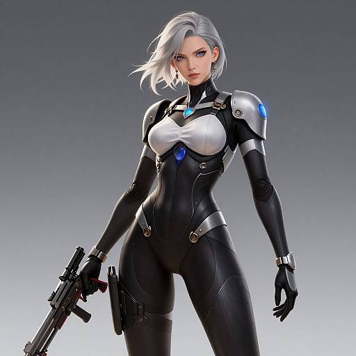 CGI image of a fierce, silver-haired woman in a black and white cybernetic bodysuit, holding a gun, with glowing blue accents