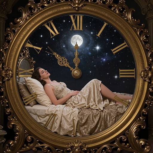 Photograph of a woman in a cream satin dress, reclining on an ornate bed inside a gold-framed clock, with a nighttime sky and