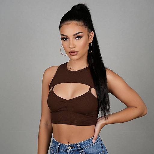 Photograph of a confident, light-skinned woman with long black hair in a high ponytail, wearing a brown crop top, hoop earrings, and