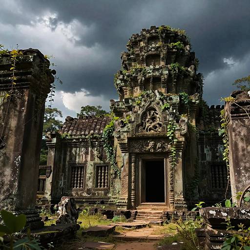 Photograph of an ancient, overgrown stone temple with intricate carvings, dark stormy sky, and lush greenery, under dramatic lighting.