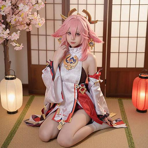 Pink-Haired Cosplayer in Japanese Setting