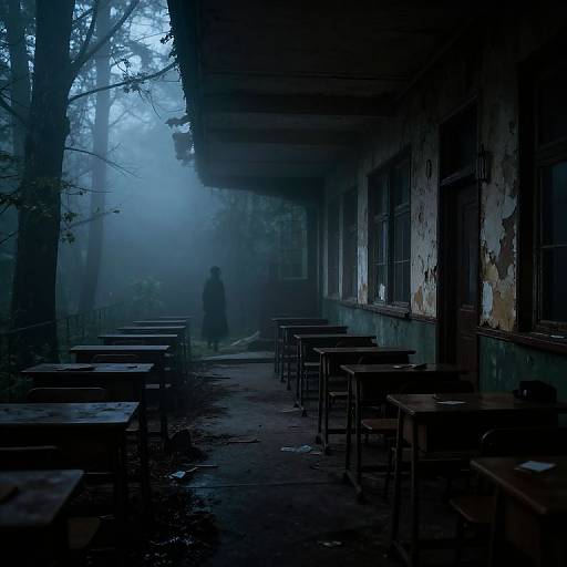 Mysterious, foggy, dark photograph of an abandoned, dilapidated school with empty, weathered wooden tables and chairs. Silhouetted