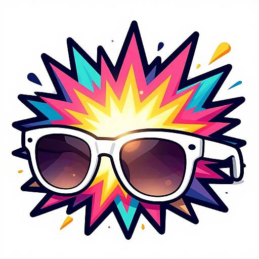 Colorful, stylized graphic of white-framed sunglasses with dark lenses, surrounded by a vibrant, starburst-shaped background in yellow, pink, blue