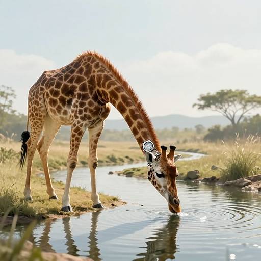 Photograph of a giraffe with a long neck bending to drink from a calm, reflective river in a sunlit, grassy savanna.