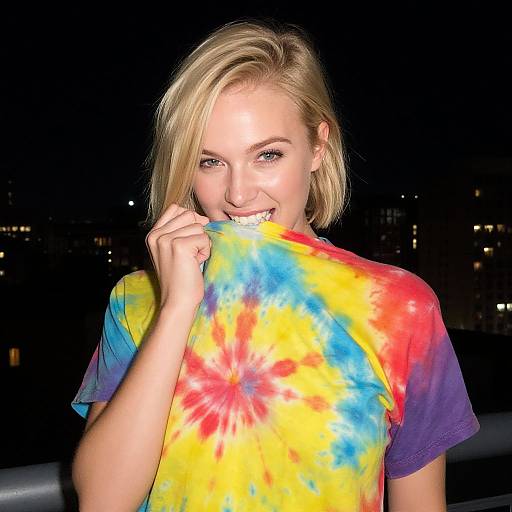 Playful Blonde Woman in Vibrant Tie-Dye