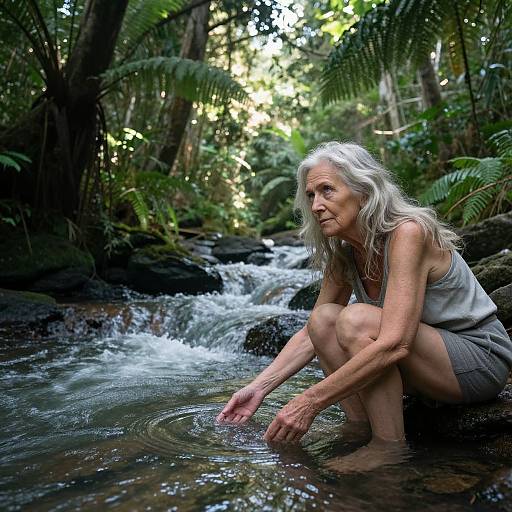 Elderly woman with long white hair, wearing a white tank top and gray skirt, crouches by a forest stream, gently touching the water