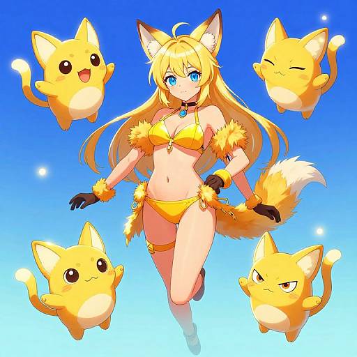 Anime-style digital art of a blonde, blue-eyed fox-girl in a yellow fur bikini, surrounded by four cute, floating, yellow cat-like creatures against