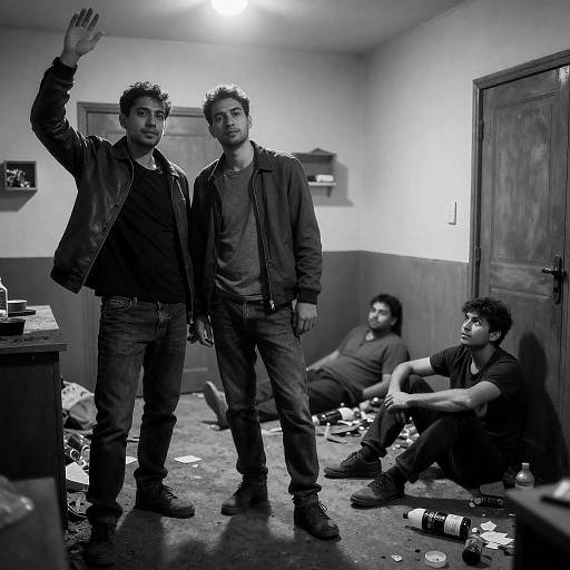 Black-and-White: Four Men in Cluttered Room