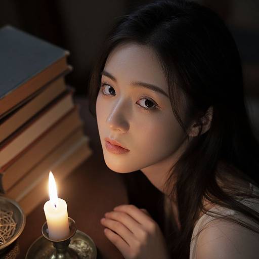Photograph of an Asian woman with long black hair, fair skin, and large eyes, illuminated by a candle, next to stacked books.