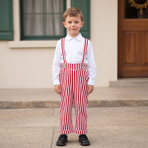 Photograph of a young boy with short brown hair, wearing a white shirt, red and white striped suspenders, and black shoes, standing on a