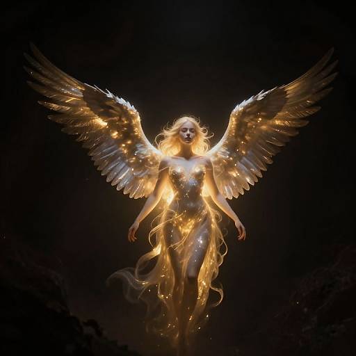 Digital artwork of a radiant, ethereal angel with glowing golden wings, flowing blonde hair, and luminous, golden light body against a black background.