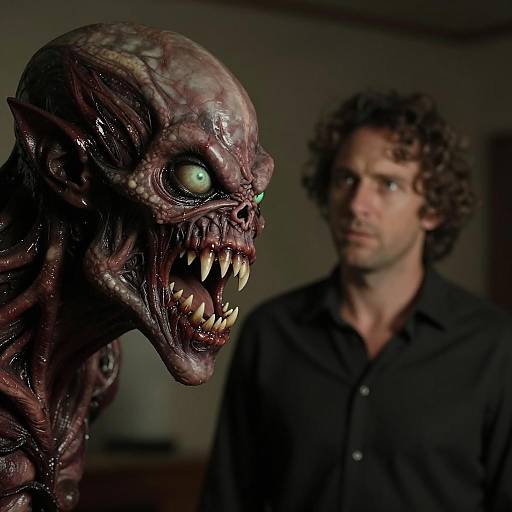 Man Facing Monstrous Creature with Sharp Teeth