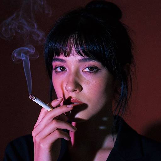 Photograph of an Asian woman with dark hair in a bun, smoking a cigarette, illuminated by red and purple light.