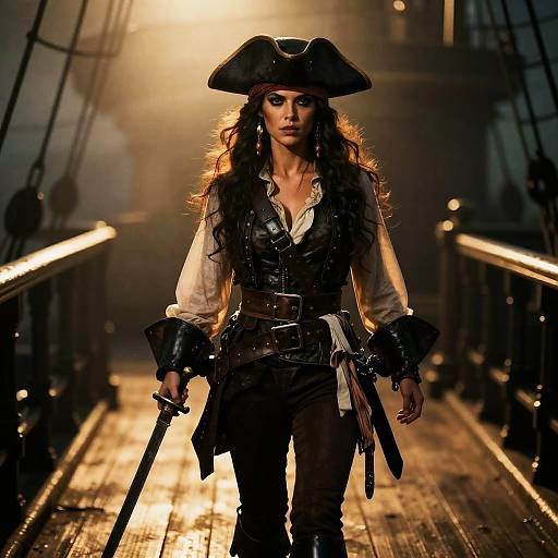 Photograph of a fierce, long-haired pirate woman with a tricorn hat, white shirt, black vest, and boots, holding a sword on a