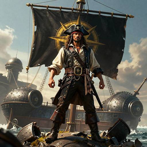 Sky-Pirate Captain on Shattered Airship Hulls