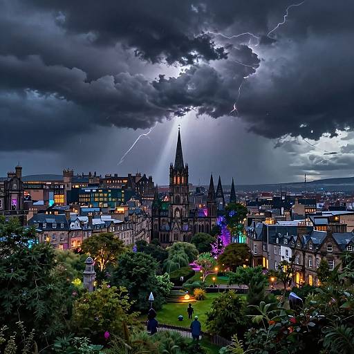Photograph of a stormy night over a colorful, illuminated Gothic cityscape, with lightning striking above a central church tower.