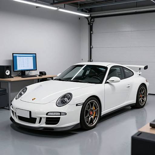 Photograph of a sleek white Porsche 911 in a modern, well-lit garage with a computer monitor and desk in the background.