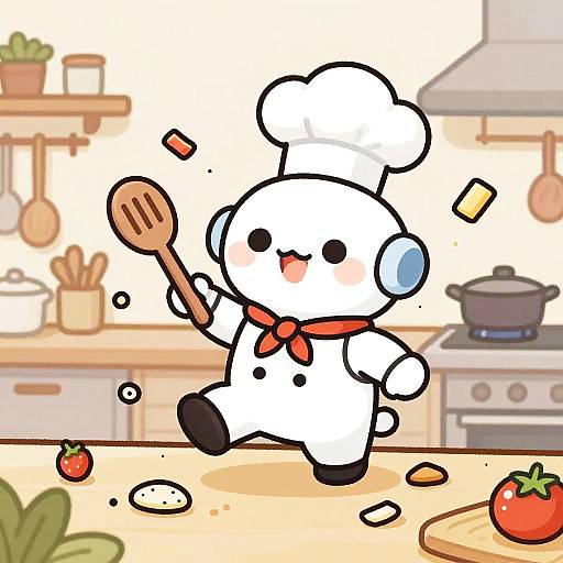Cute cartoon chef with white uniform, red neckerchief, and tall hat joyfully jumps on kitchen counter, holding a spoon, surrounded by ingredients