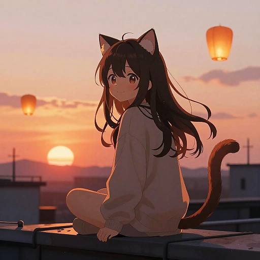 Anime-style digital drawing of a cat-eared girl with long black hair, brown eyes, and a brown tail, sitting on a rooftop at sunset,