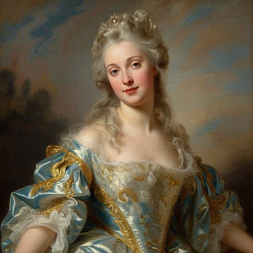 Portrait of a young, pale-skinned woman with curly gray hair, wearing an elaborate blue and gold embroidered dress, set against a dark, textured background