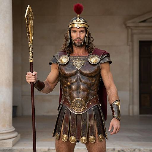 Photorealistic image of a muscular, bearded man with long hair, wearing ancient Greek-style armor, helmet with red plume, holding spear,