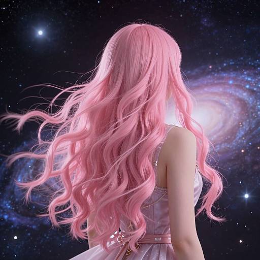 Digital artwork of a woman with long, wavy pink hair, wearing a white dress, facing a glowing galaxy in a starry night sky.