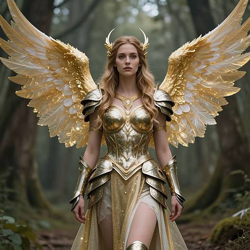 Digital artwork of a blonde angelic woman with golden wings, horned headpiece, and ornate golden armor, standing in a misty forest.