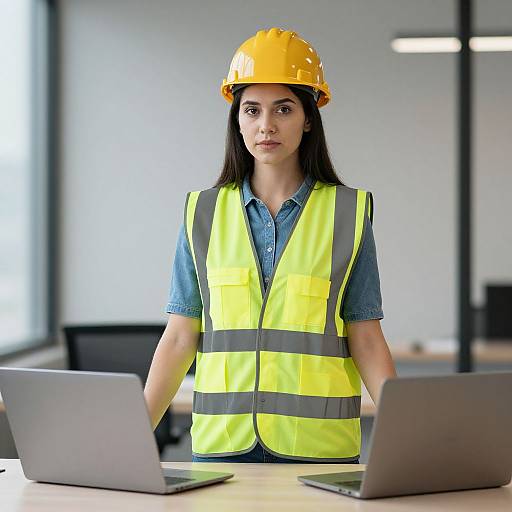 Photograph of a serious young woman with long dark hair, wearing a yellow hard hat and neon yellow safety vest, standing in a modern office with laptops