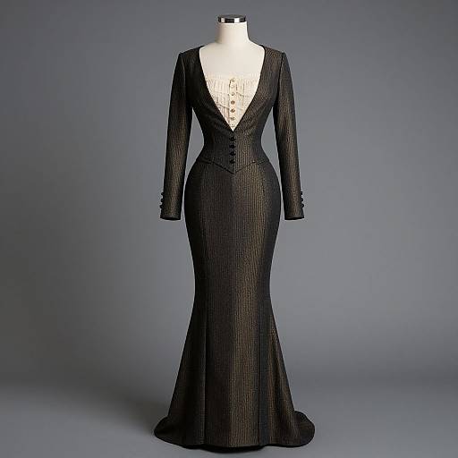 Photograph of a black, long-sleeved, deep V-neck, form-fitting, herringbone-patterned evening gown displayed on a head